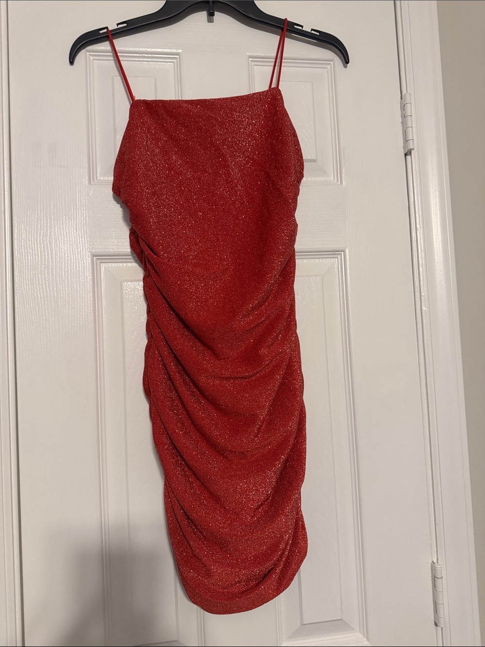 Shimmer Red Ruched Mini Dress with Spaghetti Straps